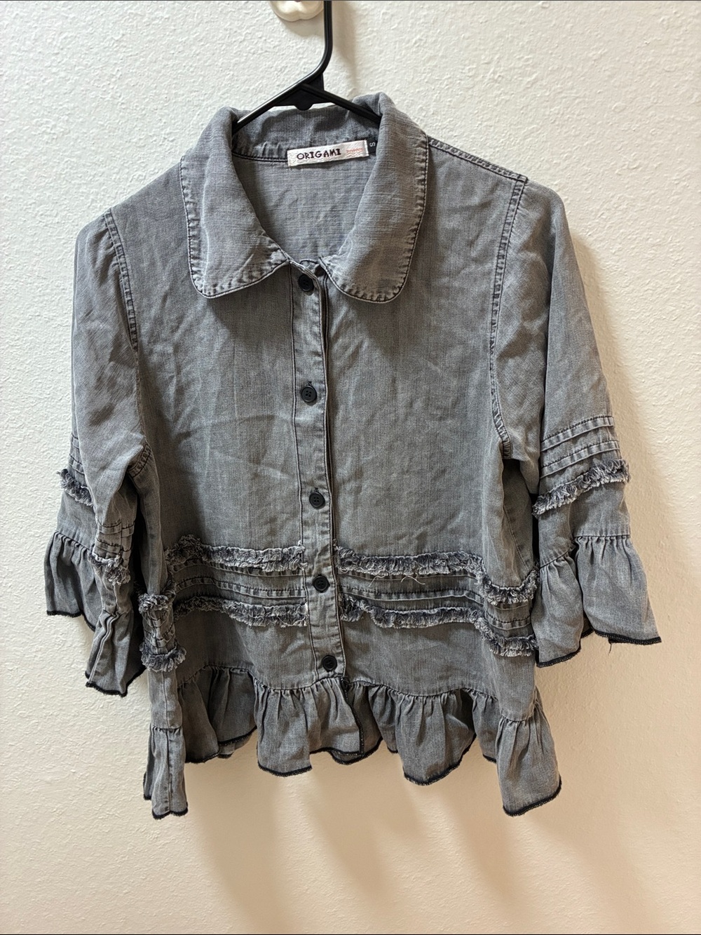 Origami Ruffle Detail Button-Down Shirt - Washed Gray
